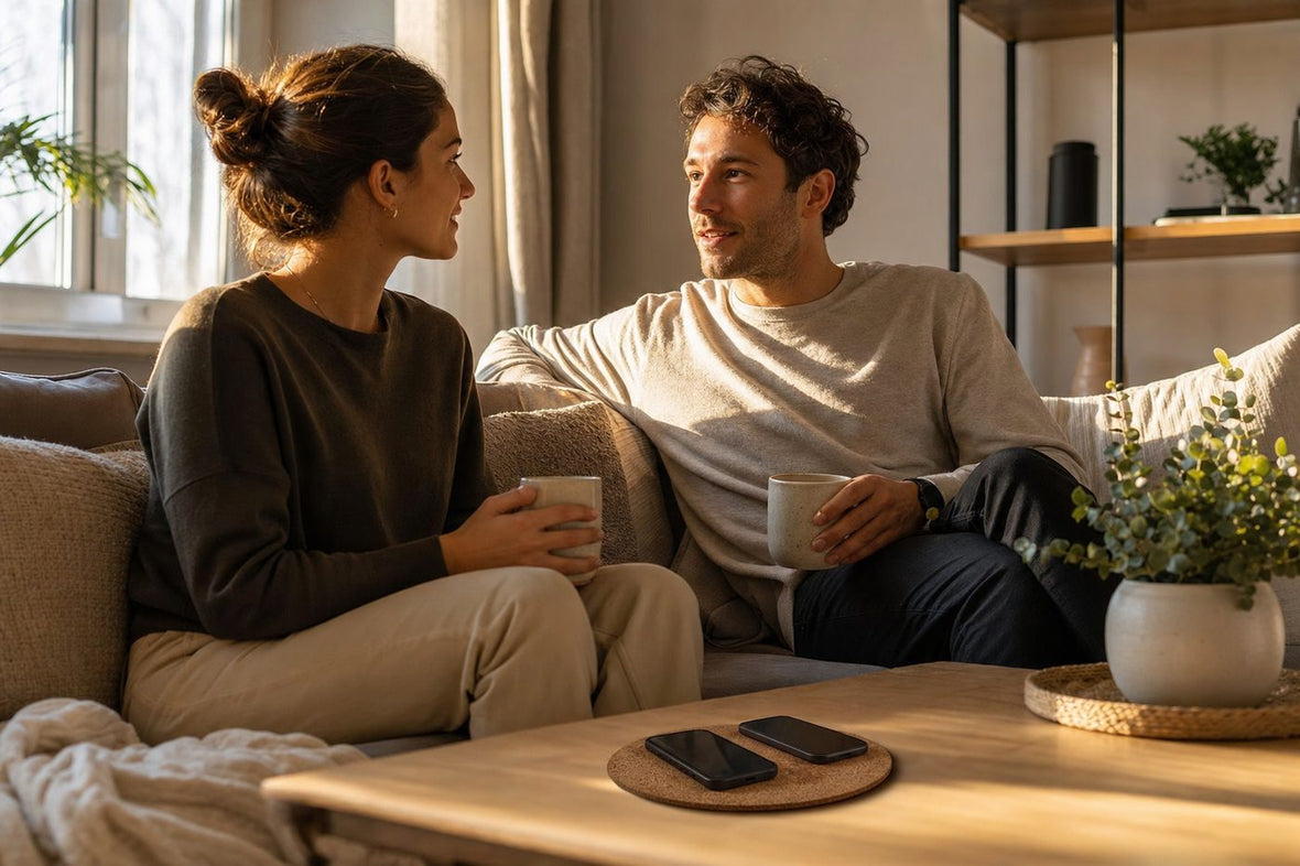Couple talking in the evening with phones set aside