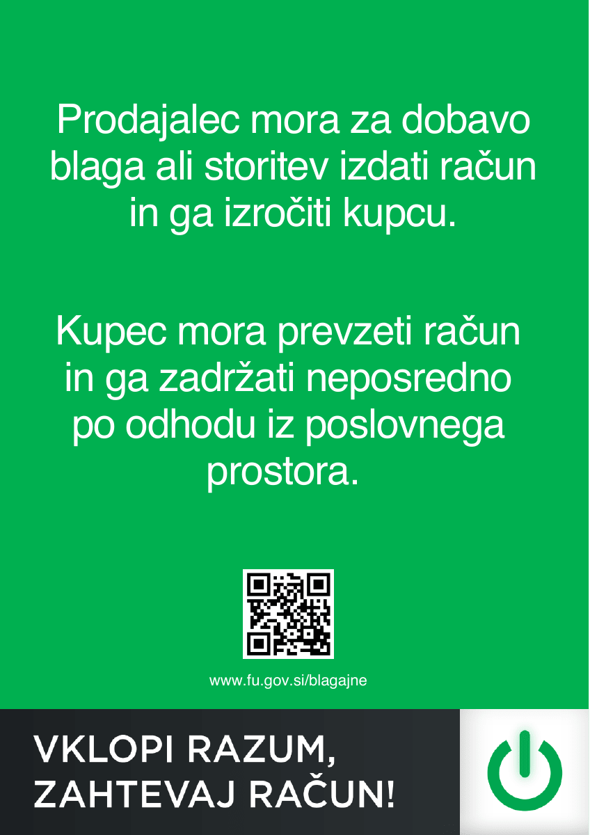 Original FURS notice: the seller must issue and deliver an invoice; the buyer must receive and retain it. Includes the official QR code and request-an-invoice message.