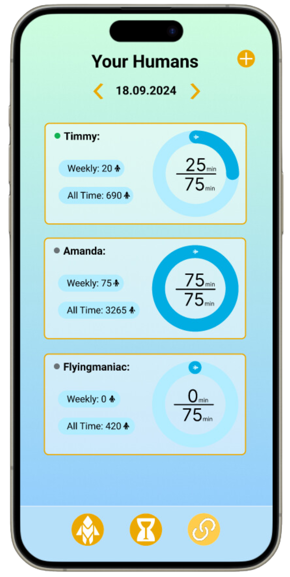 Humanodoro app on phone showing your humans link